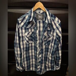 Buckle BKE Blue Aqua Plaid Long Sleeve Pearl Button Up Shirt Medium Standard Fit